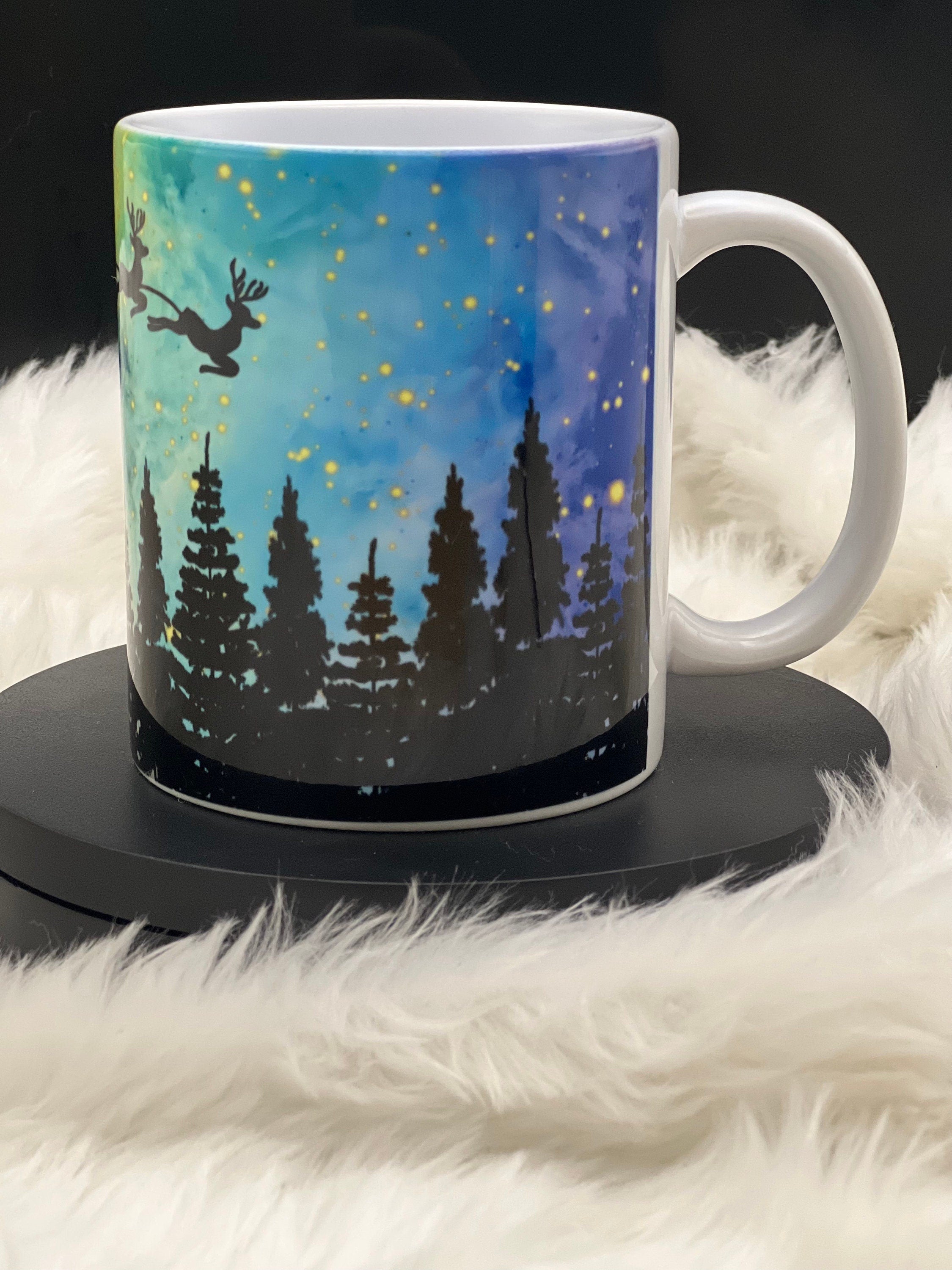 Santa flying in night sky mug